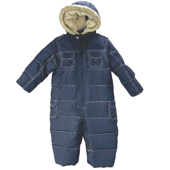 Baby Gap Snowsuit size 12-18 months Blue Snow Pants Faux Fur Trim Hood Down Fill